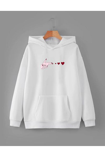 RPT MODA Oversized Three Heart Print Detail Hooded Basic Sweatshirt