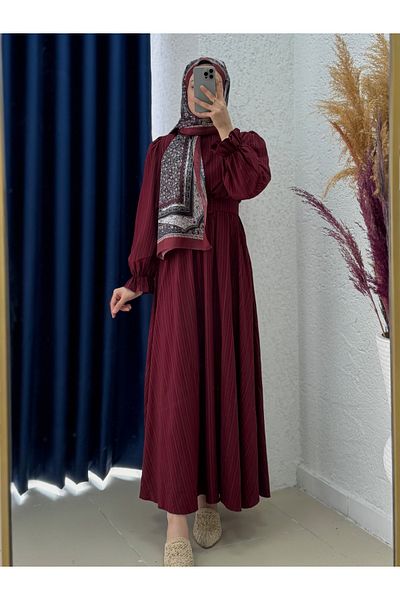 Ebrar Store Zenora Elastic Waist Nada Mevlana Dress-Kb7475 Claret Red