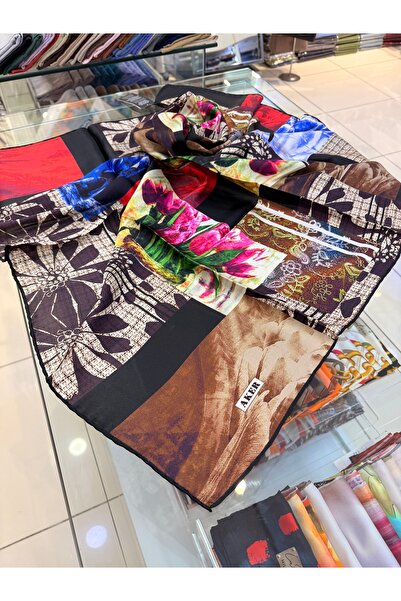 Aker Çiçek Detaylı Krep İpek Eşarp