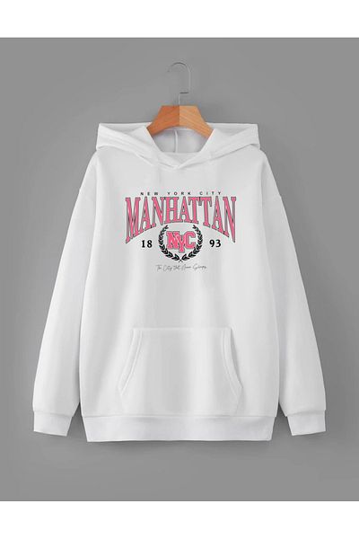 RPT MODA Oversized Manhattan Print Detail Hooded Basic Sweatshirt