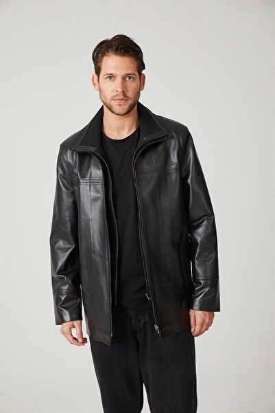 Deriderim Black Sheldon Detachable with Zipper Knitwear Collar Zippered Closure Loose Cut Genuine Men's Leather Coat