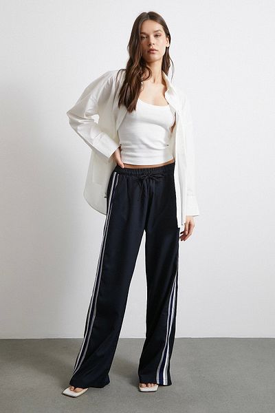 Never more Elastic Waist Double Stripe Trousers Navy Blue