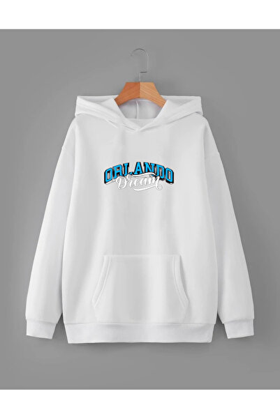 RPT MODA سويت شيرت أزرق كبير الحجم بطباعة أورلاندو بغطاء للرأس