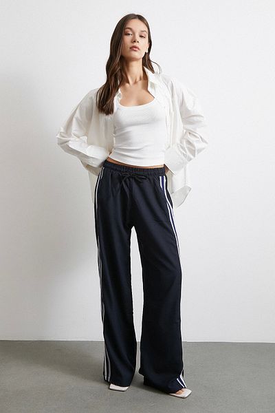 Never more Elastic Waist Double Stripe Trousers Navy Blue