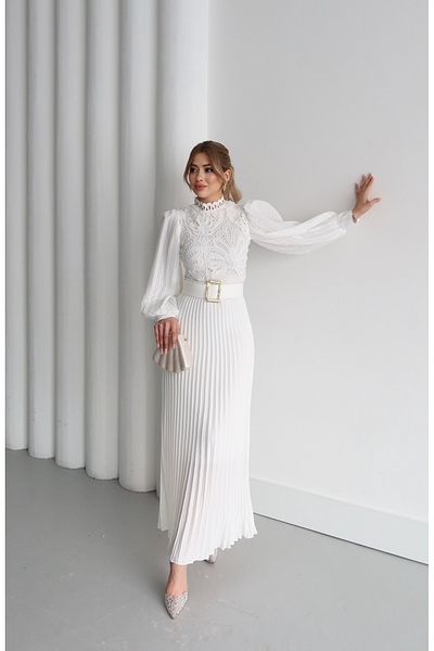 1Moda1Tarz Γυναικεία εισαγόμενα υφασμάτινα μανίκια σιφόν μπροστινή δαντέλα γκιπούρ Λεπτομέρεια ζώνη με πλισέ κάτω με επένδυση ειδικού σχεδίου
