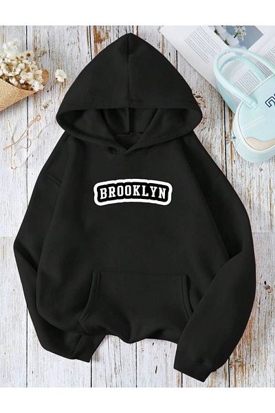 RPT MODA Oversized Brooklyn White Printed Detail Basic Sweatshirt with Hood