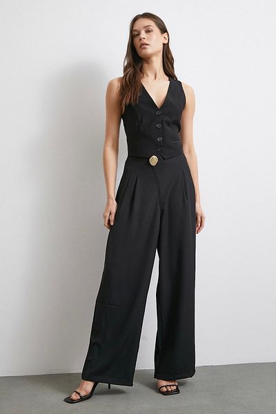 Never more Button Detailed Pencil Draped Trousers Black
