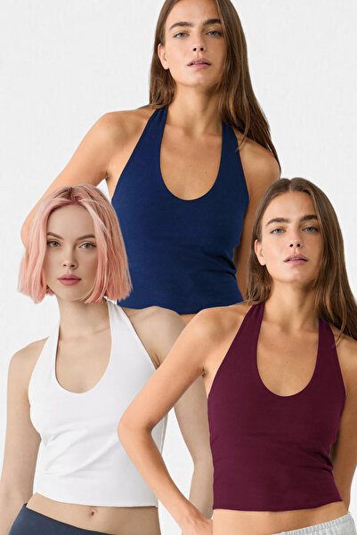 VODENS Koyu Bordo, Alb, Bleumarin, 3 piese, 95% Bumbac, cu guler halter, stra...