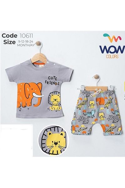 WOW 126-04-25 Boy's Elephant Printed Shoulder Buttoned T-Shirt with Shorts Summer Top-Bottom Suit 9-24 Months