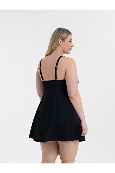 AQUAVİVA Aquaviva Women's Large Size Black Pink Pattern Gathering Intermediate Pipe Adjustable Strap Stylish Dress Swimsuit