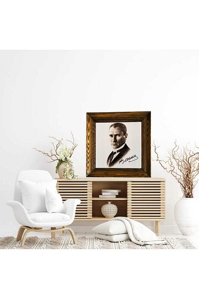 Mask Ataturk Portrait Ceramic Painting with Wooden Frame 29X29Cm Model 3