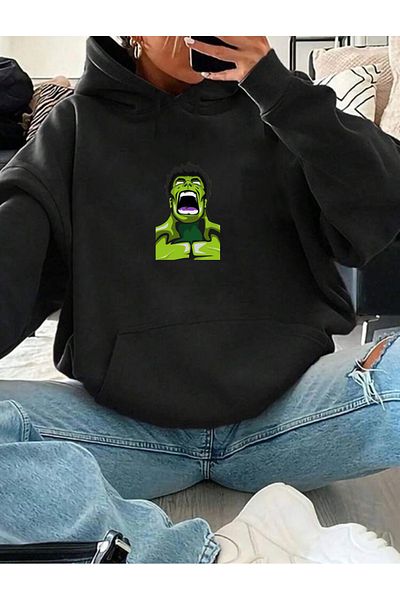 RPT MODA Oversized Hulk Print Detail Hooded Basic Sweatshirt