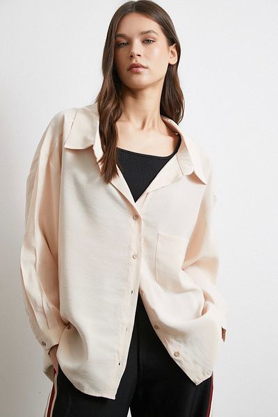 Never more Beige Oversize Pocket Modal Shirt