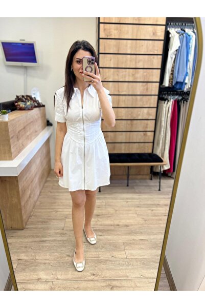 beyazmoda BEYAZ FERMUARLI POPLİN ELBİSE