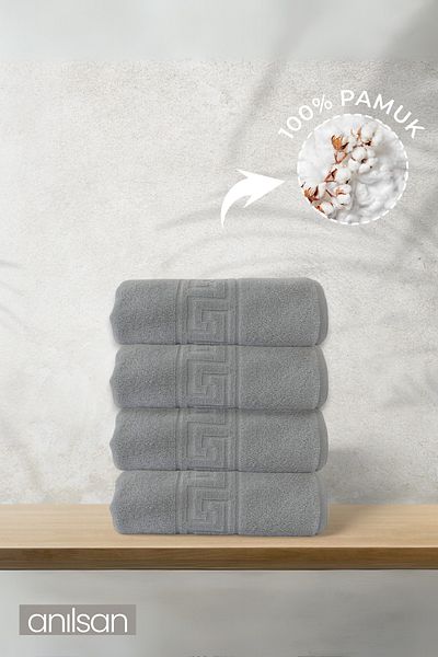 Anılsan 4-Piece Gray Greek Hand Towels - 50X90 Cm, 225 Gr, 100% Cotton, Spa and Hotel Towels, Suitable for Daily Use