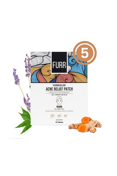 Furr Hydrocolloid Acne Relief Patches for Pimples, with Turmeric, 12 Patches (Pack of 5)