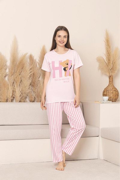 PİJAMORE Women's Teddy Bear Pajamas Set, Short Sleeve, Summer 100% Cotton, Soft, Dowry