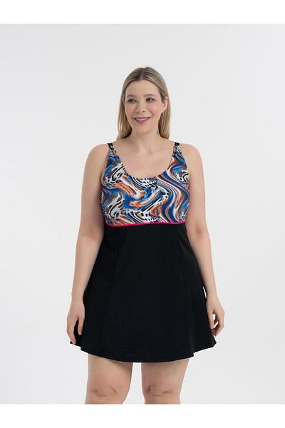 AQUAVİVA Aquaviva Women's Large Size Black Blue Orange Pattern Gathering Intermediate Pipe Adjustable Strap Stylish Dress