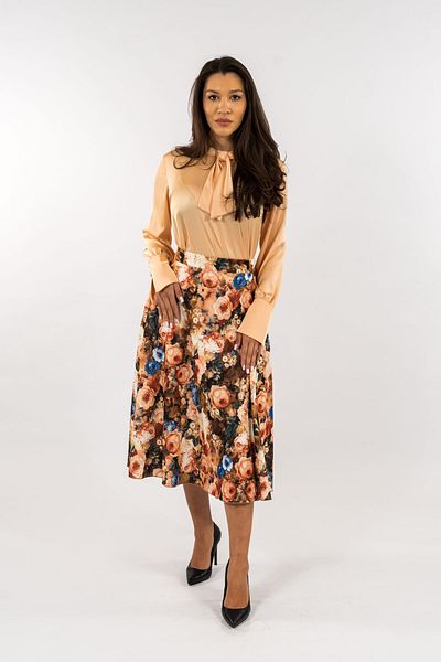 Gorgeaux Orange Floral Skirt and Blouse with Tie Set - 5XL(50)