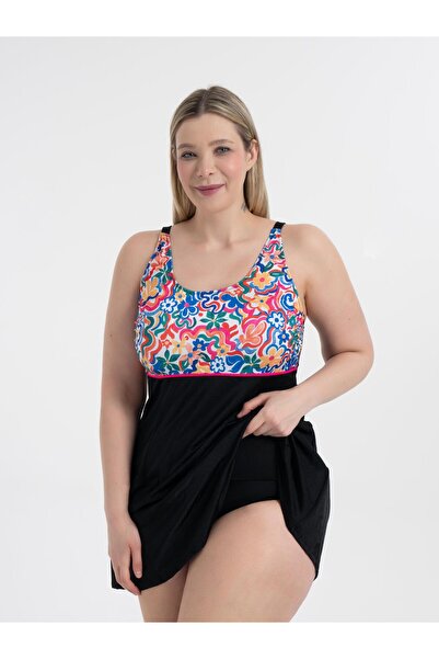 AQUAVİVA Aquaviva - Women's Plus Size Black Carnation Pattern Gathering Stylish Dress Swimsuit
