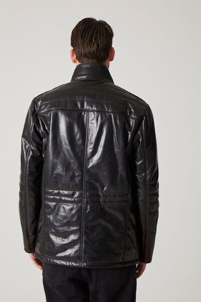 Deriderim Siyah Samuel Erkek Fermuarlı Çıtçıt Kapamalı Içi Izolinli Astarlı Hakiki Deri Kaban