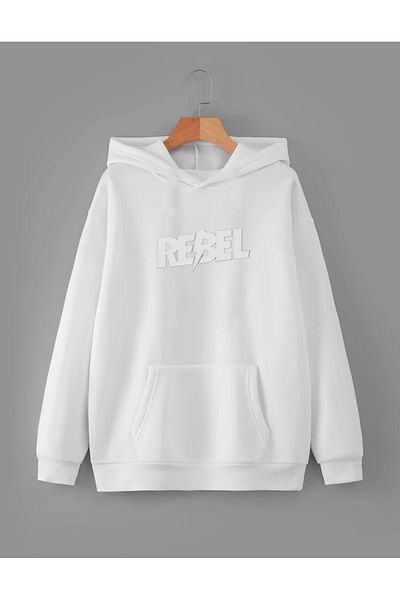 RPT MODA Oversized Rebel Print Detail Basic Sweatshirt with Hood