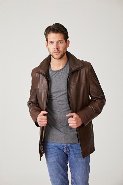Deriderim Chestnut Sheldon Zippered Knitwear Collar Zippered Closure Loose Cut Genuine Men's Leather Coat