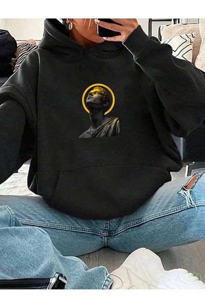 RPT MODA Oversized Yellow Plan Printed Detail Basic Sweatshirt with Hood