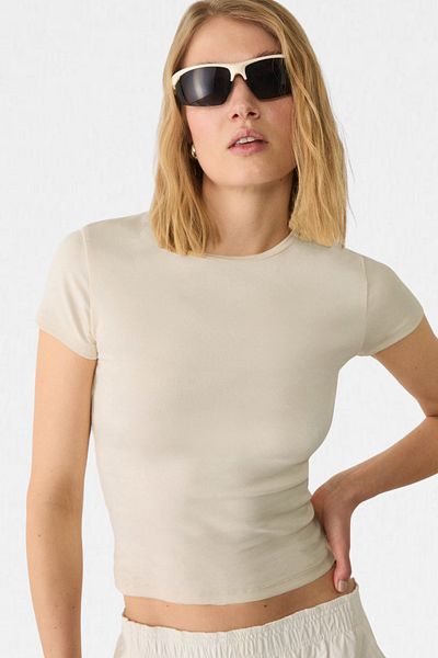VODENS Ανοιχτό μπεζ Crew Neck Basic Ultra Soft 100% βαμβακερό κοντομάνικο σώμα