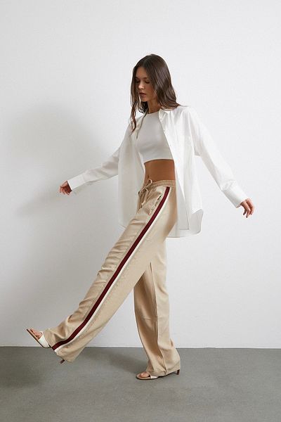 Never more Beige Elastic Waist Double Stripe Trousers