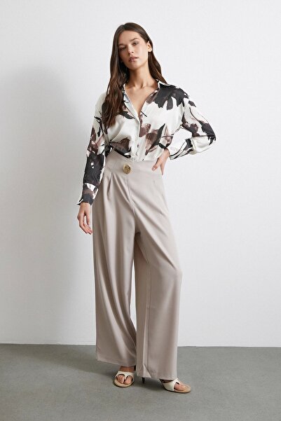 Never more Beige Button Detailed Pencil Draped Trousers