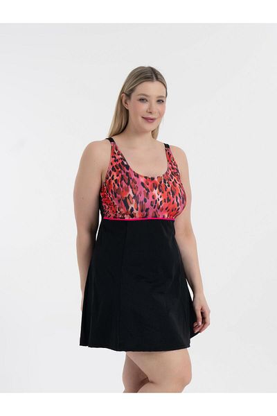 AQUAVİVA Aquaviva Women's Large Size Black Pink Pattern Gathering Intermediate Pipe Adjustable Strap Stylish Dress Swimsuit