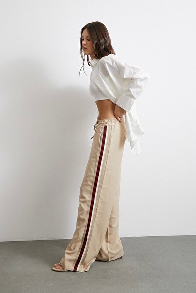 Never more Beige Elastic Waist Double Stripe Trousers
