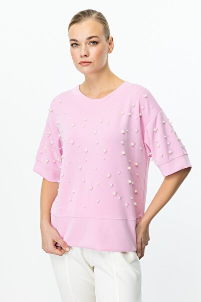 Ekol Ροζ 56617 Μπλούζα με λαιμόκοψη με πέρλες