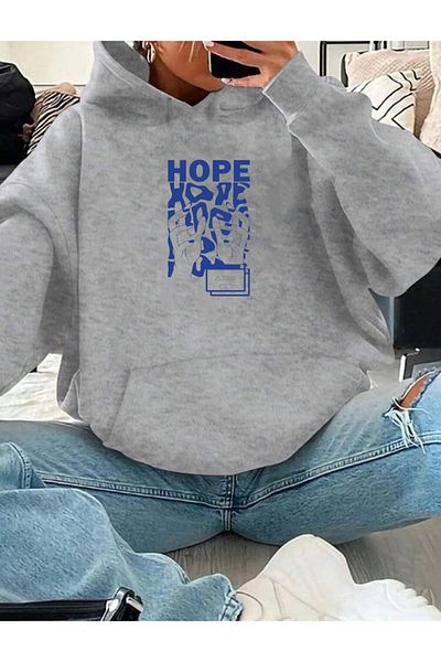 RPT MODA Oversized Hope Printed Detail Hooded Basic Sweatshirt