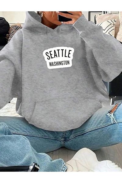 RPT MODA Oversized Seattle Print Detail Hooded Basic Sweatshirt