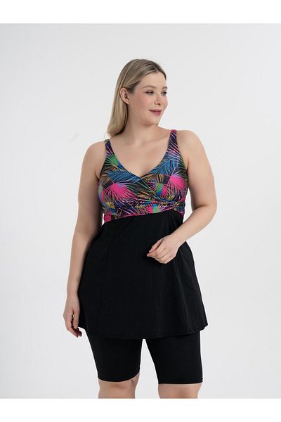 AQUAVİVA Aquaviva Women's Black Tropical Pattern Plus Size Double Breasted Tights Recovery Dress Swimsuit
