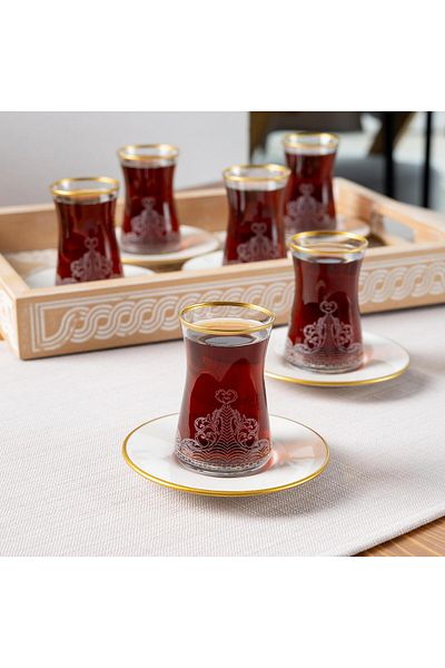 Anadolia طقم شاي مكون من 6 قطع مع طبق بورسلين منقوش على الأناقة