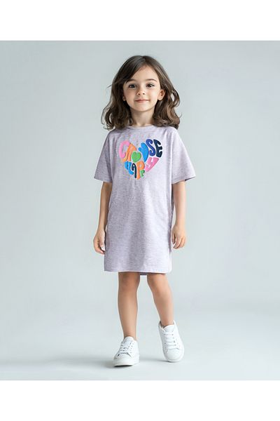 Primo Gino Primo Gino Cotton Knit Short Sleeves Chest Puffed Text Printed T-Shirt Style Frock - Light Grey