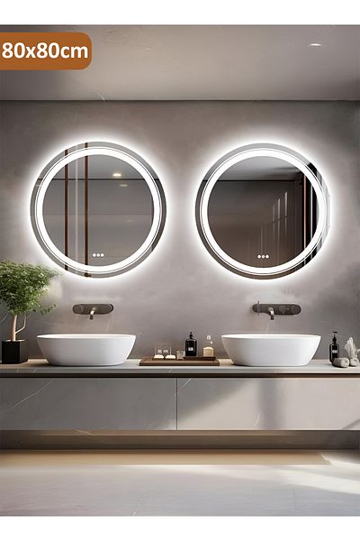 Taimi Pack of 2 Modern LED Round Vanity Mirror, Adjustable Temperature, Black Frame, 80x80CM