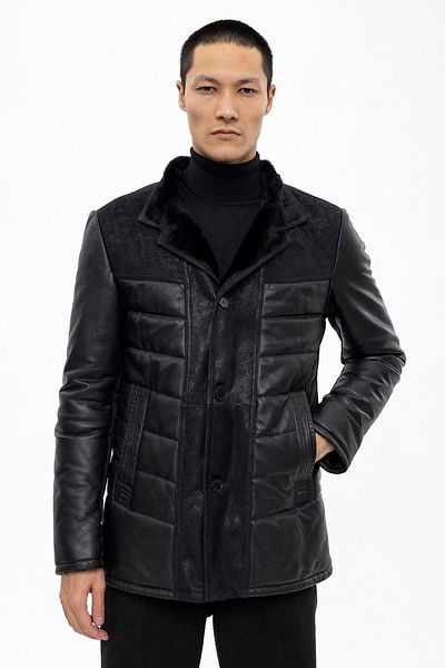 Deriderim Black Nico Men's Buttoned Lightweight Warm Collar Lamb Fur Genuine Leather Coat
