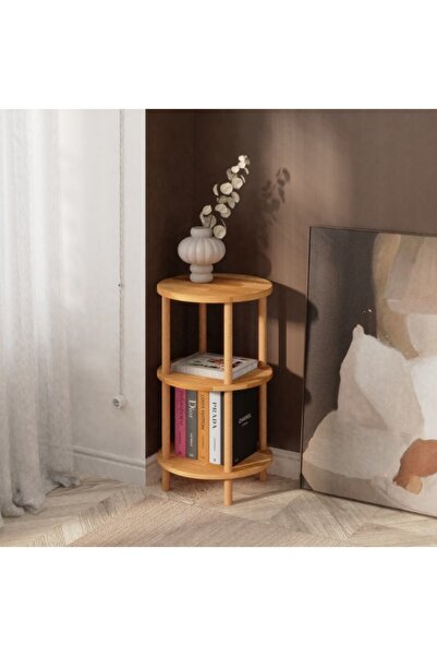 AYBİ DEKOR Ahşap Dekoratif Yuvarlak Kitaplık, Sehpa, Düzenleyici, Raf (Kayın ...
