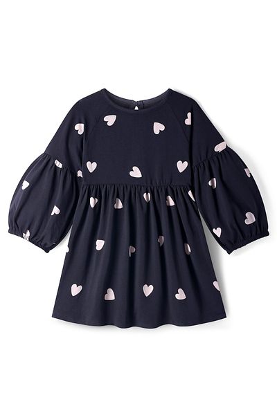 Primo Gino Primo Gino Cotton Knit Full Puffed Sleeves Heart Printed Frock - Black