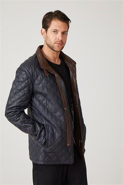 Deriderim Navy Blue Ulric Men's Quilted Stitched Waist-Sitting Lined Zipper Closure Genuine Leather Coat