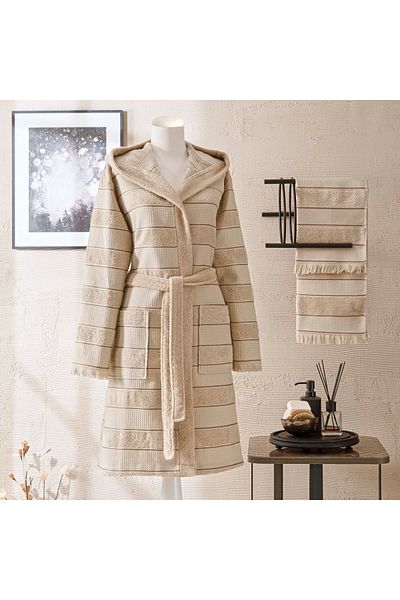 Taç Μπεζ Casual Βαμβακερό Σετ Μπουρνούζι - L/xl