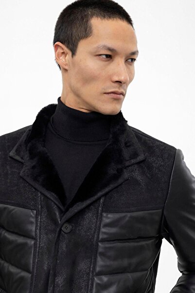 Deriderim Siyah Nico Erkek Düğmeli Hafifi Sıcak Tutan Yakası Kuzu Kürkü Hakiki Deri Kaban