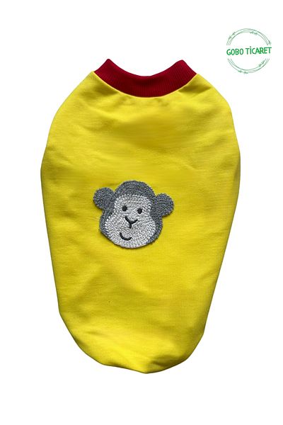 Goboticaret Cheerful Monkey Highlighter Yellow Cat Dog Outfit Red Sleeve Dress with Accessories
