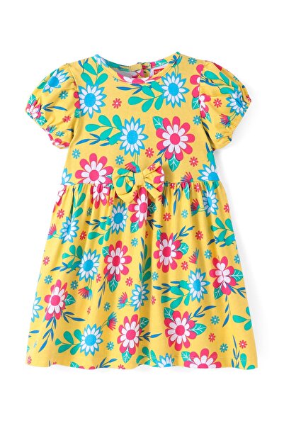 Babyhug Babyhug Single Jersey Knit Half Sleeves Frock with Bloomer & Bow Applique Floral Print - Yellow