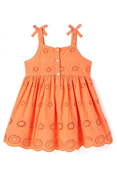Bonfino Bonfino 100% Cotton Woven Singlet Sleeves A Line Schiffli Dress With Bow Applique -Orange