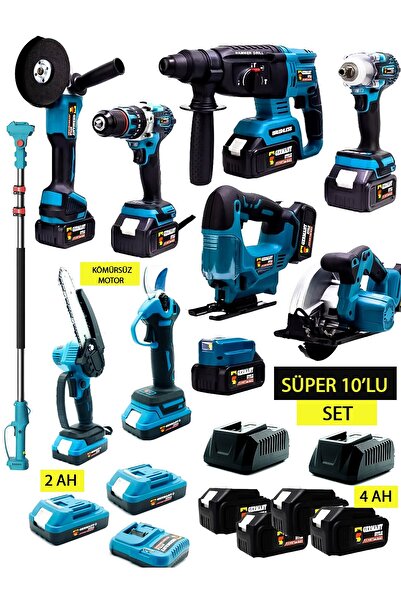 Germany Style Kömürsüz 10'lu Set Teleskopik Kırıcı-Matkap-Dekupaj-Daire Testere-Budama Testeresi-Mak